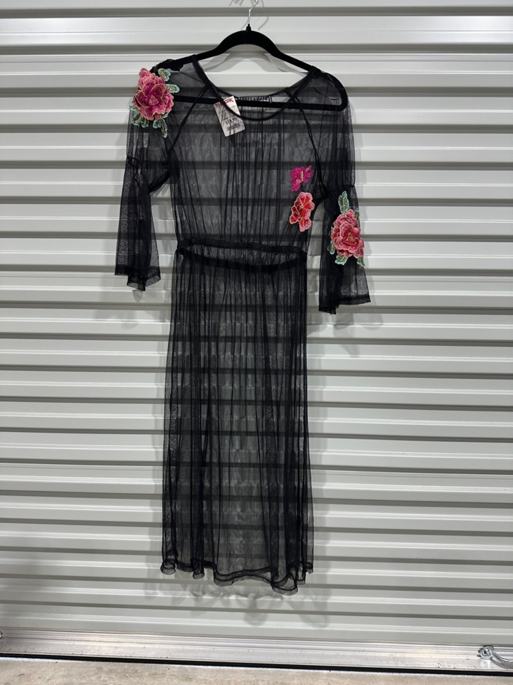 Potter's Pot Black Sheer Mesh Dress with Pink Floral Appliqués